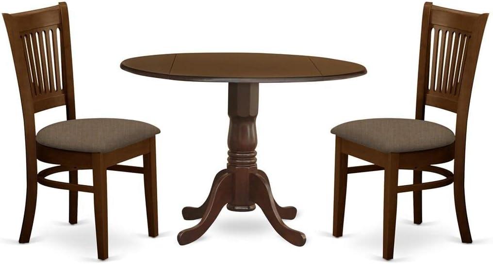 East West Furniture DLVA3-ESP-C 3 Piece Kitchen Table & Chairs Set Contains a Round Dining Room Table with Dropleaf and 2 Linen Fabric Upholstered Chairs, 42x42 Inch, Espresso