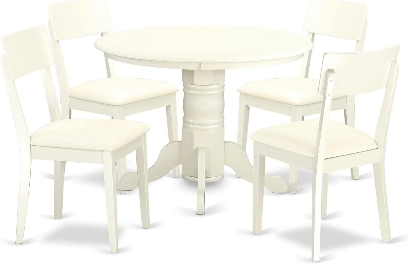 East West Furniture SHAD5-LWH-LC 5 Piece Kitchen Table & Chairs Set Includes a Round Dining Room Table with Pedestal and 4 Faux Leather Dining Room Chairs, 42x42 Inch, Linen White
