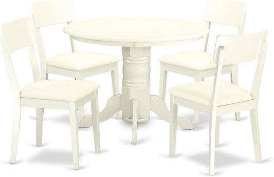 East West Furniture SHAD5-LWH-LC 5 Piece Kitchen Table & Chairs Set Includes a Round Dining Room Table with Pedestal and 4 Faux Leather Dining Room Chairs, 42x42 Inch, Linen White