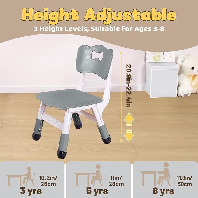 FUNLIO Adjustable Kids Chair (1pc), 3 Level Height Adjustable Toddler Chair for Ages 3-8, Sturdy Child Chairs with Maximum Bearing 220lbs, for Classrooms/Daycares/Homes, CPC & CE Approved - Gray