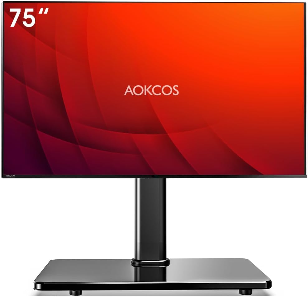 Swivel Universal TV Stand for 32-75 inch TVs with Tilt Down/Up, 8 Levels Height Adjustable Table Top TV Mount Stand with Stable Heavy Duty Tempered Glass Base, MAX VESA 600x400 mm, up to 99lbs, Black