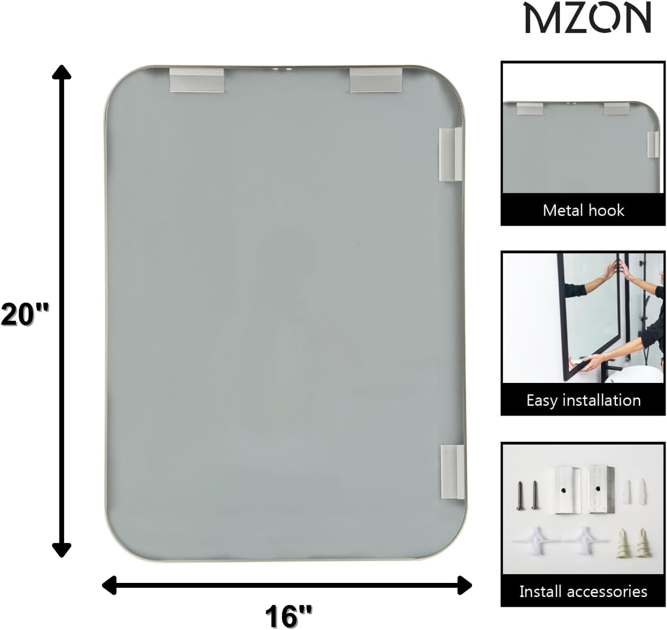 MZON 16x20Inch Brushed Nickel Bathroom Mirror, Rectangle Wall Mounted Mirror for Bathroom or Dresser, Anti-Rust Frame&Tempered Glass, Hangs Horizontally/Vertically - Space-Saving Modern Decor