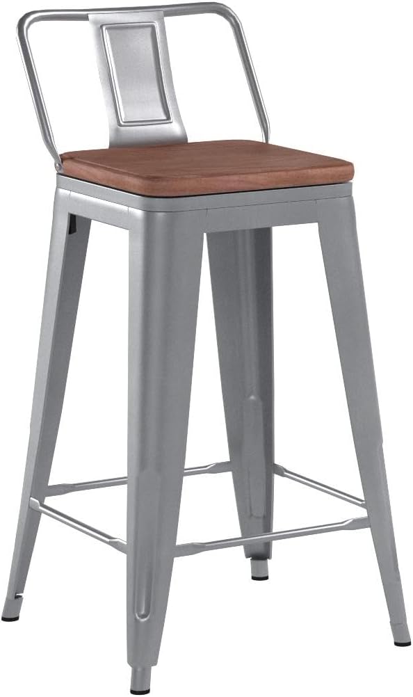 24 Inch Swivel Bar Stools Set of 4 with Backs Counter Height Industrial Metal Barstools Island Bar Chairs for Home Kitchen Dining Room (Swivel 24 inch, Silver Wooden)