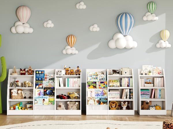 4 Tier Kids Bookshelf Set of 2, 4 Layer Sling Kids Book Shelf for Kids Rooms,Wood Children Bookcase,Baby Storage Book Rack,Toddler Bookshelf, Book and Toy Organizer,Book Display Shelf for Nursery