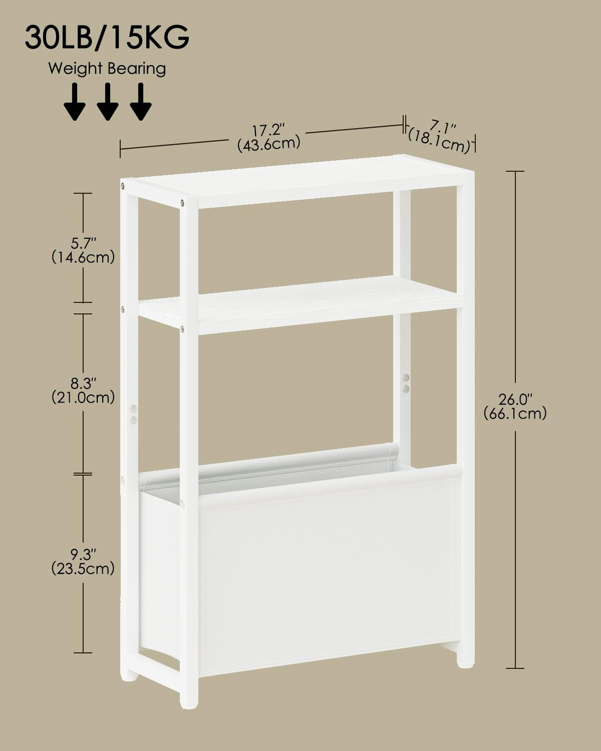Narrow Side Table, 3-Tier Side Table with Storage Bag, Narrow Nightstand for Small Spaces, Bedside Table for Living Room, Bedroom, White