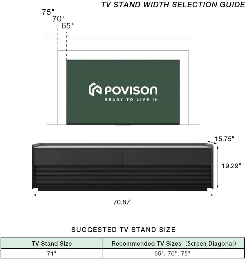 POVISON Fully-Assembled Mid Century Glossy Sintered Stone TV Stand, 70.87" Wood Media Console with Adjustable LED Light, Entertainment Center with Storage for Living Room
