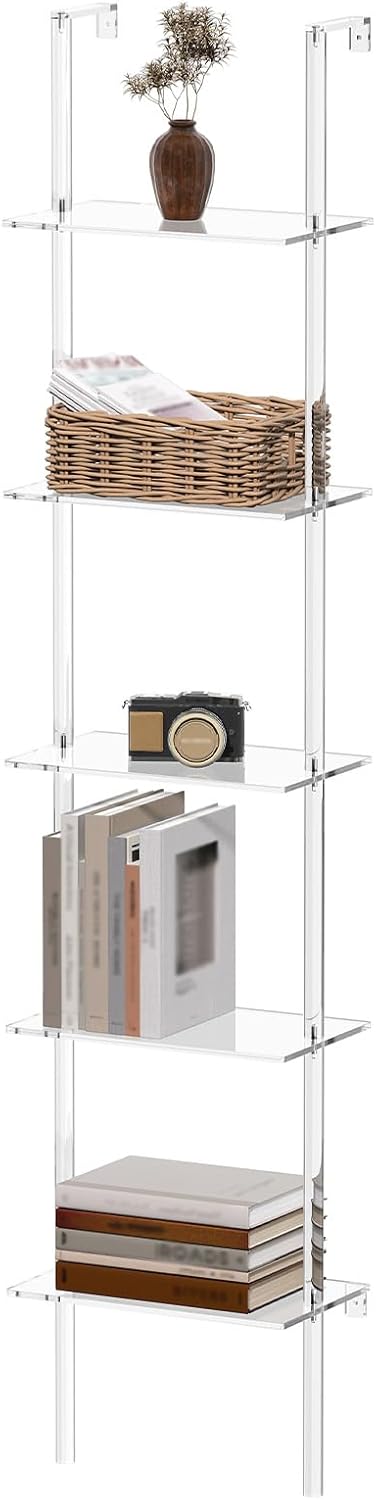 Small Acrylic Ladder Bookshelf, 9.5" D x 15.6" W, 5-Tier Clear Wall Mounted Book Shelf for Small Spaces, Multipurpose Bookcase for Living Room, Bathroom, Office, Modern, 73" H