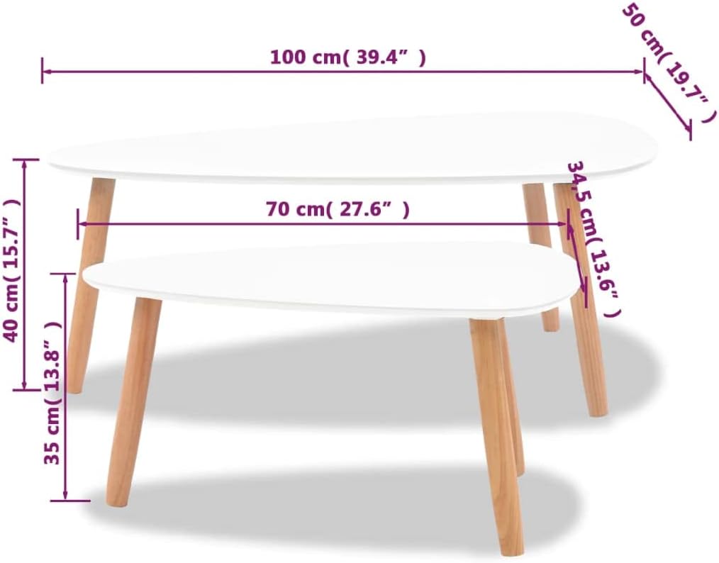 vidaXL Nesting Coffee Table 2 pcs, Side Tables with Solid Pine Wood Legs, Scandinavian Style End Table for Living Room, White