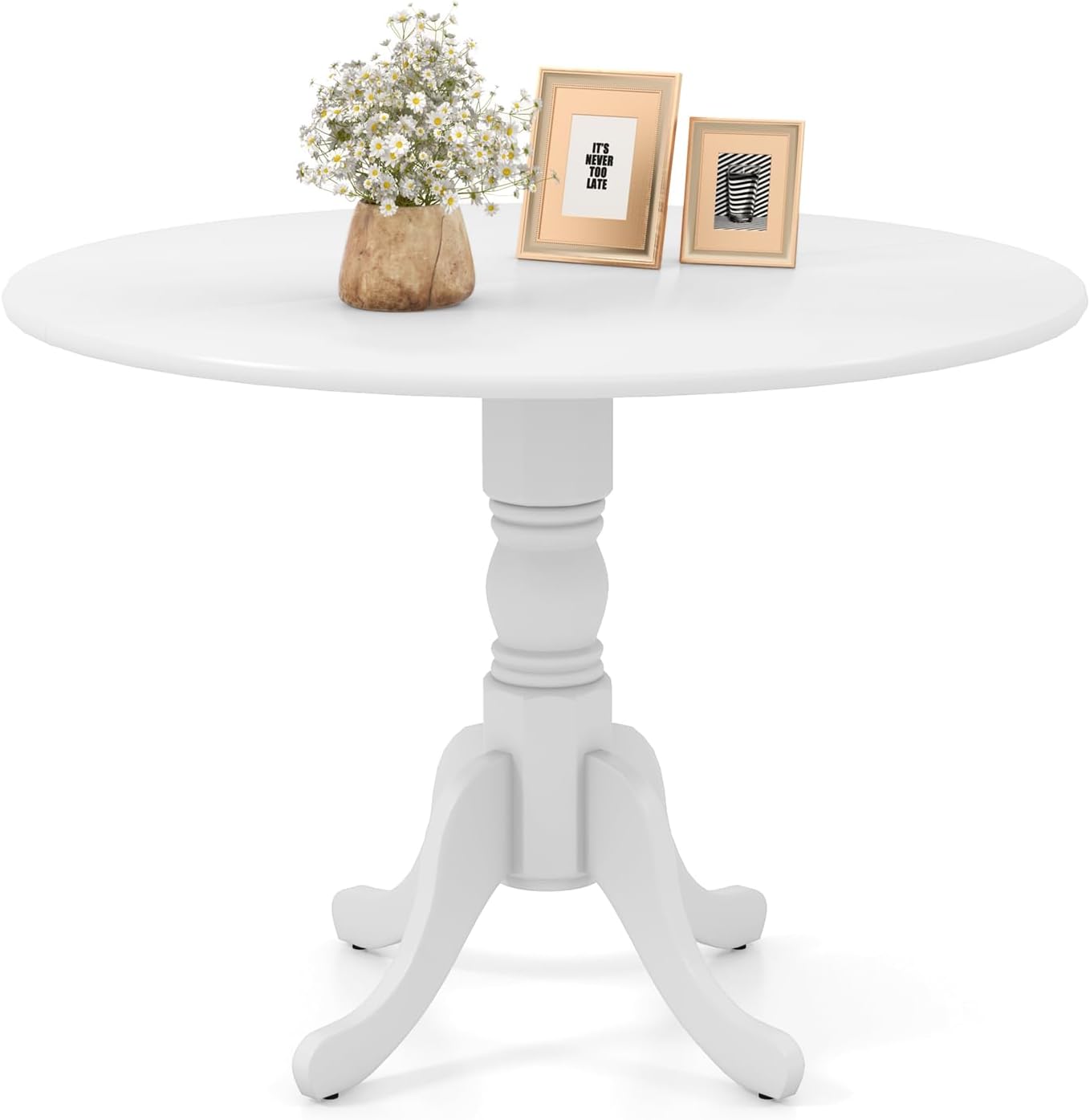 COSTWAY Round Dining Table for 4, 39-inch Wooden Kitchen Table with Solid Rubber Wood Frame, Curved Trestle Legs, Adjustable Foot Pads, Mid Century Rustic Dinning Table for Living Room (White)