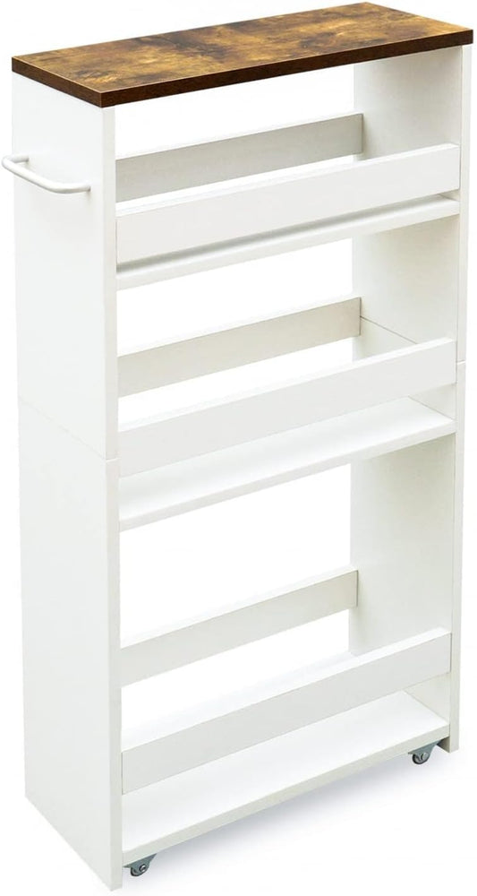 TEAMIX 4 Tier White Slim Storage Cart with Handle, Slide Out Storage Rolling Utility Cart Mobile Shelving Unit Organizer Trolley for Small Spaces Kitchen Laundry Narrow Places