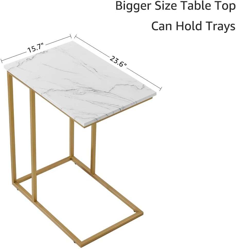 Large Size C Shaped Side Table End Table for Couch, Gold Side End Table with White Faux Marble Top, Modern Living Room Tray Table