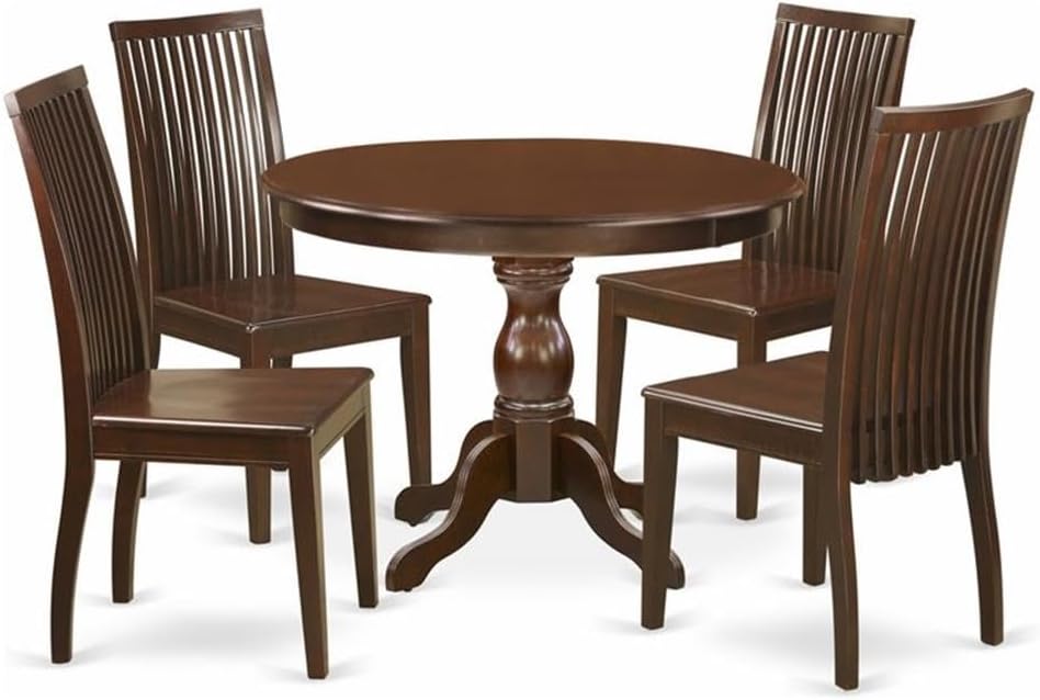 East West Furniture HBIP5-MAH-W 5 Piece Kitchen Table & Chairs Set Includes a Round Dining Room Table with Pedestal and 4 Solid Wood Seat Chairs, 42x42 Inch, Mahogany