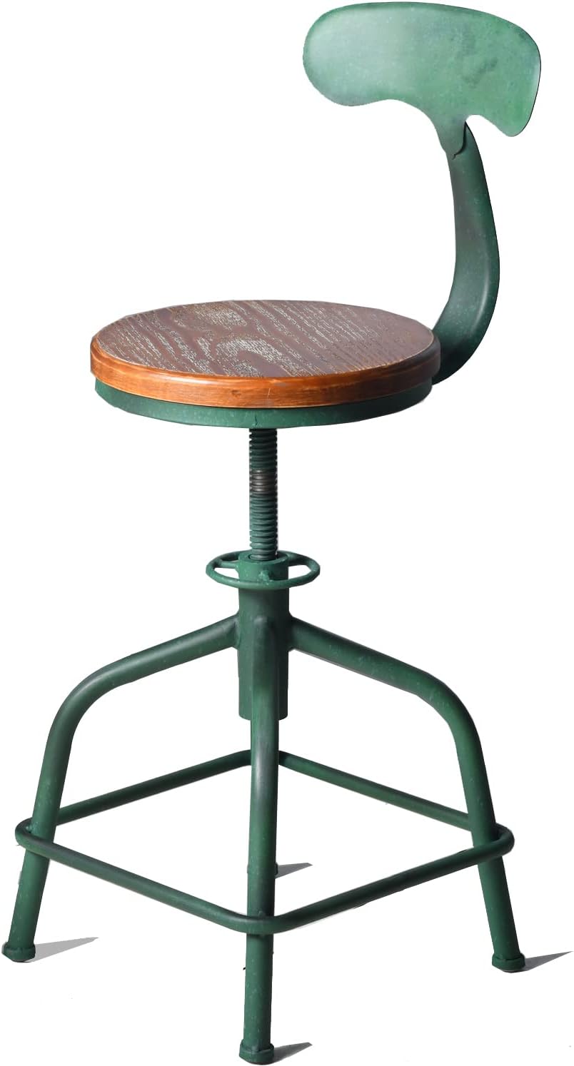 Topower Farmhouse Kitchen Stool, Industrial Counter Stool, Kitchen Deco Round Seat Standard Height Adjustable Swivel Bar Stools with Backrest Indoor House Design Iron Backrest Antique Green Set of 2