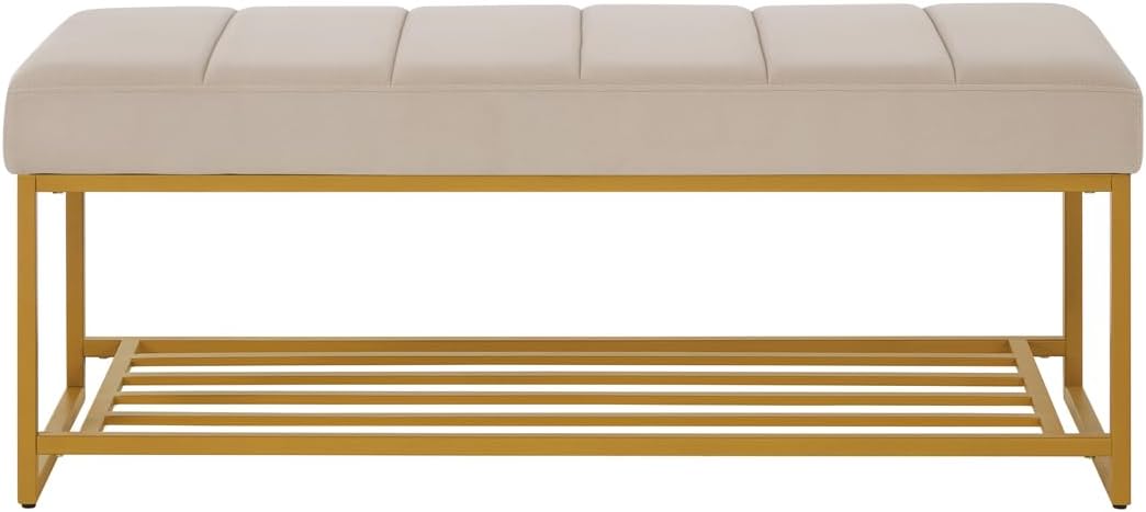 24KF Taupe Velvet Upholstered End of Bed Bench with Metal Shelf, Modern Tufted Channel Entryway Bench Footboard Bench for Living Room, Bedroom, Gold Bench,5036-Taupe