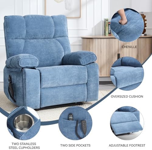 Dual Motor Power Lift Recliner Chair, 8 Positions Vibration Massage Recliner Chair, Chenille Fabric Recliner with Cup Holder, Vibration Massage and Lumbar Heating for Adults and Elderly, Blue