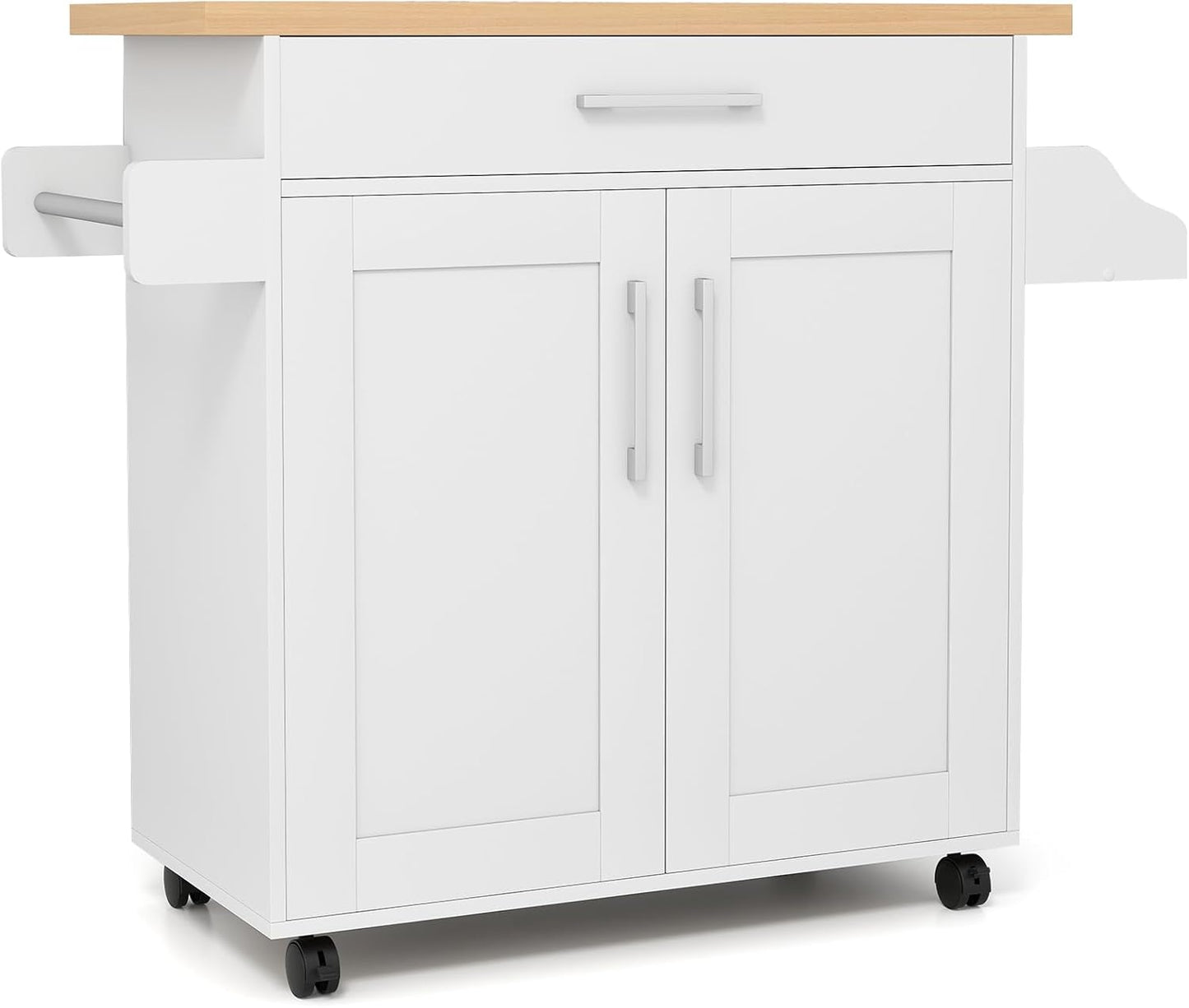 COSTWAY Kitchen Island On Wheels, Rolling Storage Trolley Cart with Large Cabinet, Drawer, Spice Rack and Towel Rack, Kitchen Serving Utility, 3-Position Adjustable Shelf (White)
