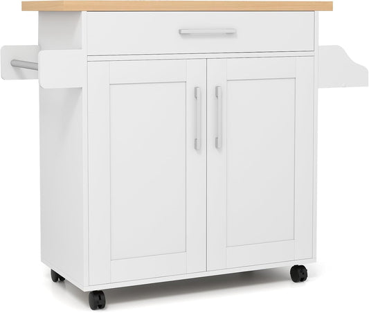 COSTWAY Kitchen Island On Wheels, Rolling Storage Trolley Cart with Large Cabinet, Drawer, Spice Rack and Towel Rack, Kitchen Serving Utility, 3-Position Adjustable Shelf (White)