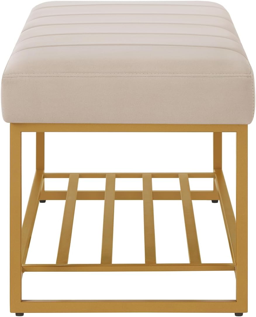 24KF Taupe Velvet Upholstered End of Bed Bench with Metal Shelf, Modern Tufted Channel Entryway Bench Footboard Bench for Living Room, Bedroom, Gold Bench,5036-Taupe