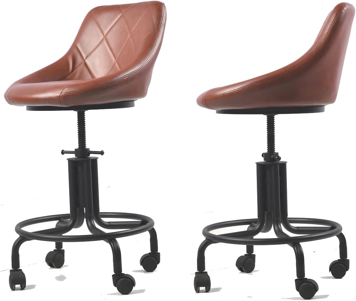 Topower Antique Industrial Design Metal Adjustable Height Kitchen Dining Breakfast Chair Industrial Style Bar Stool with Wheels, Fully Welded, Brown PU Leather Sea