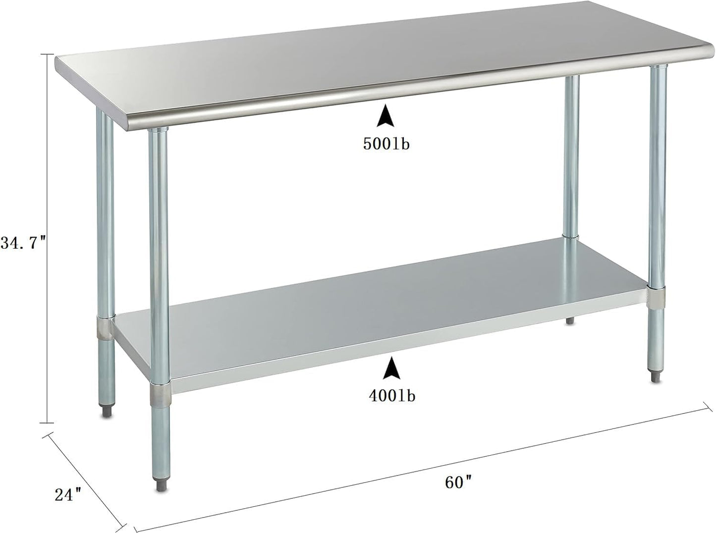 ROCKPOINT Stainless Steel Table for Prep & Work 24x60 Inches, NSF Metal Commercial Kitchen Heavy Duty Table with Adjustable Under Shelf and Table Foot for Restaurant, Home and Hotel