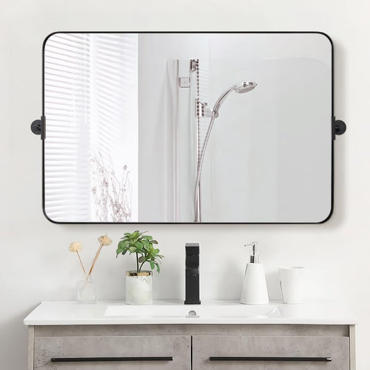 MOON MIRROR 30" x 22" Matte Black Rectangle Bathroom Mirror, Tilting Rounded Rectangular Metal Framed Pivot Wall Mirror, Hangs Horizontally Only(Overall 33.75" x 22")