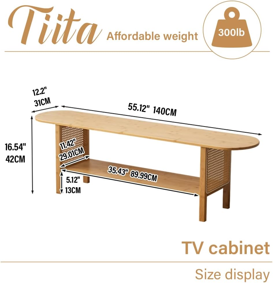 Tiita TV Stand with Storage for TVs up to 65'', Bamboo TV Console Entertainment Center with 2 Open Shelf, Mid Century Modern Media Console for Living Room, Bedroom, Wood