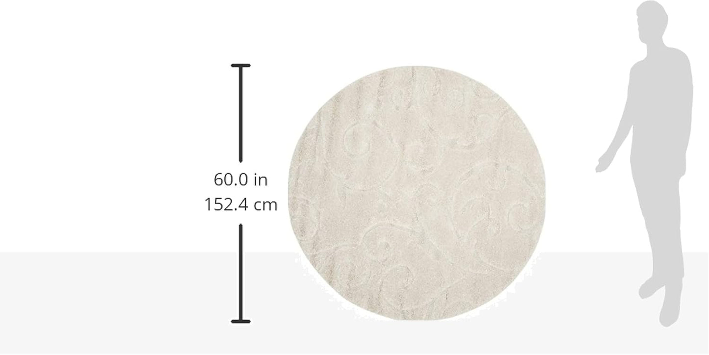 SAFAVIEH Florida Shag Collection Area Rug - 5' Round, Creme & Creme, Scroll Design, Non-Shedding & Easy Care, 1.2-inch Thick Ideal for High Traffic Areas in Living Room, Bedroom (SG455-1111)