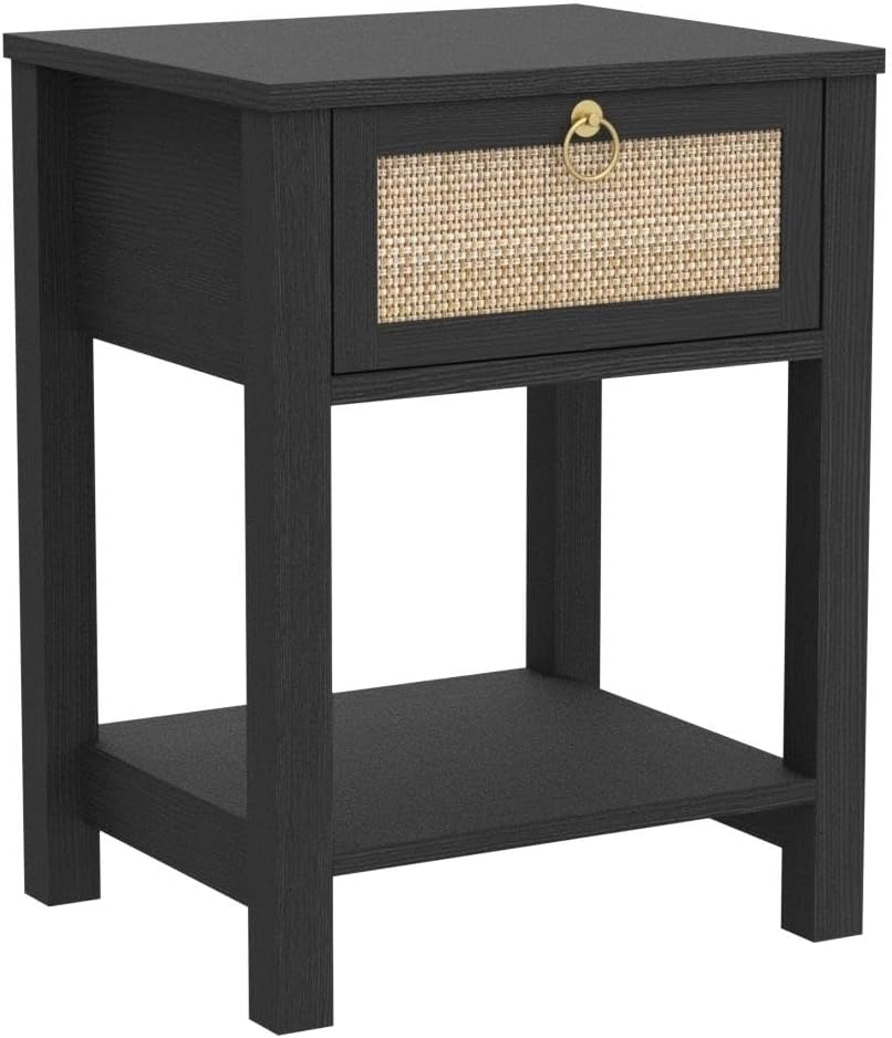 SICOTAS Rattan Nightstand, Rattan Decor Drawer with Brass Knobs Night Stand Bedside Table Boho End Tables Side Tables with Storage Shelf for Bedroom,Small Space