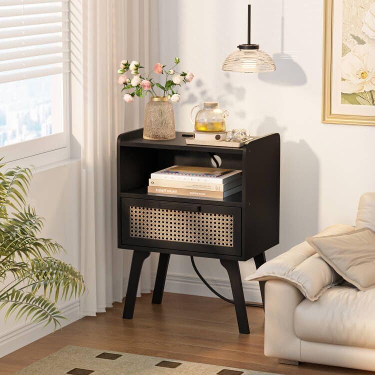 Lerliuo Rattan Nightstand with Charging Station, Black Bedside Table with Drawer Open Shelf, Cane Accent Side End Table with Solid Wood Legs, Night Stand for Bedroom, Dorm and Small Spaces