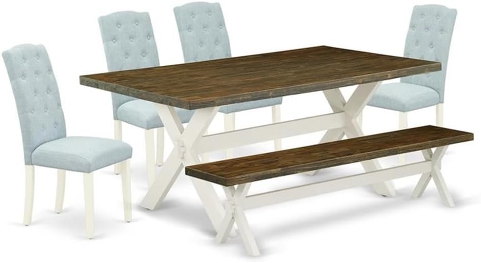 East West Furniture X077CE215-6 6 Piece Dining Table Set Contains a Rectangle Dining Room Table and 4 Baby Blue Linen Fabric Parson Chairs with a Bench, 40x72 Inch, Multi-Color