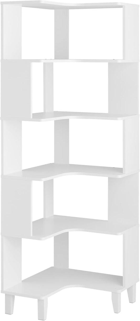 Prepac Nordik 6-Tier White Modern Mid Century Corner Bookcase, 71.5" Extra Tall White Corner Shelf with Storage, Multifunctional Freestanding Bookshelf for Home Office, Living Room, Bedroom