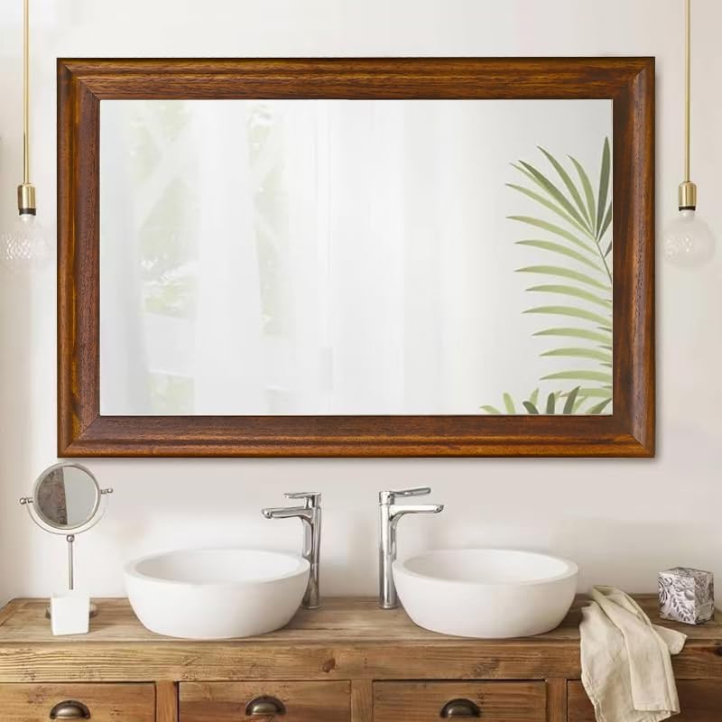 CULER Rustic Wood Wall Mirror for Bathroom,Rectangle 24 x 36 inch Hanging Vanity Mirrors with Wooden Frame for Living Room,Bedroom,Entryway(Walnut Brown)
