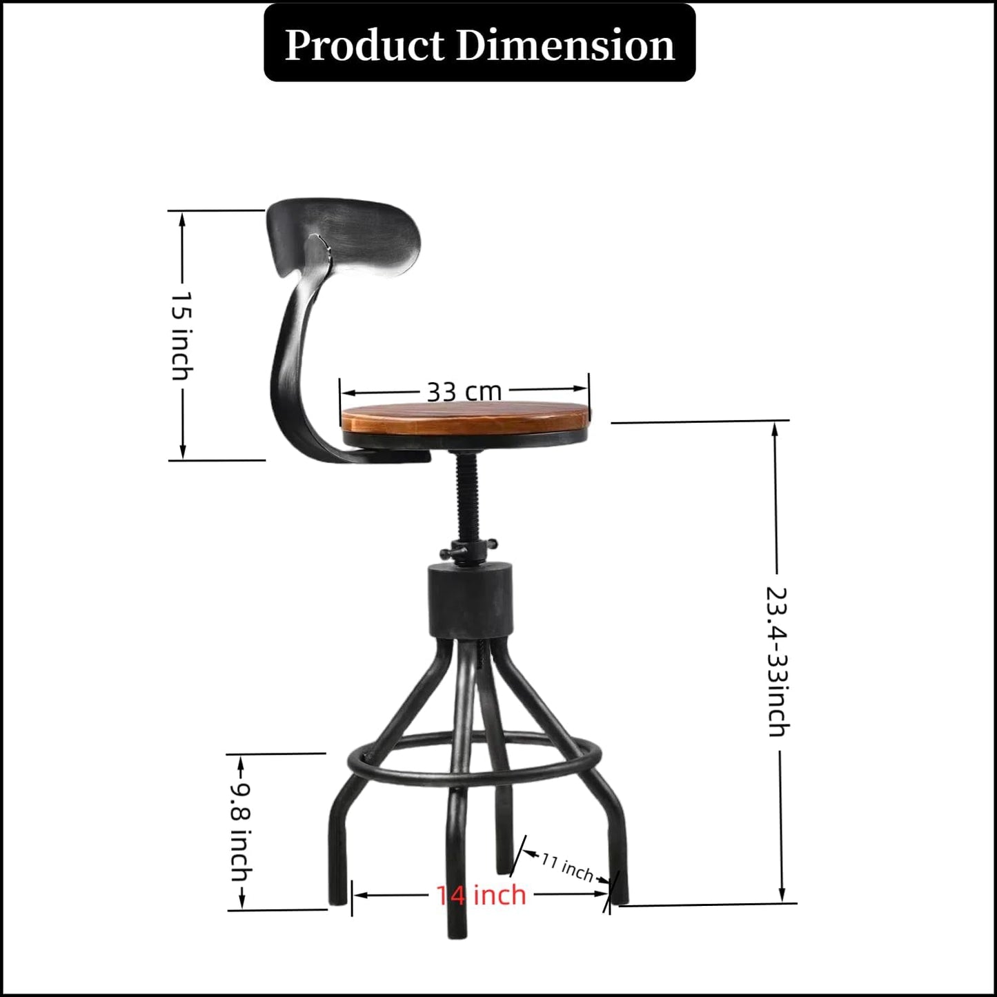 Set of 2 Vintage Bar Stool- Industrial Swivel Kitchen Dining Chair-Counter Height 23-33"-with Backrest