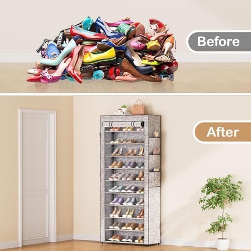 Covered Shoe Rack Tall Metal Shoes Rack Organizer for Entryway Garage Closet Tall Shoe Shelf Shoe Storage Cabinet Free Standing Large Garage Shoes Racks Organizer