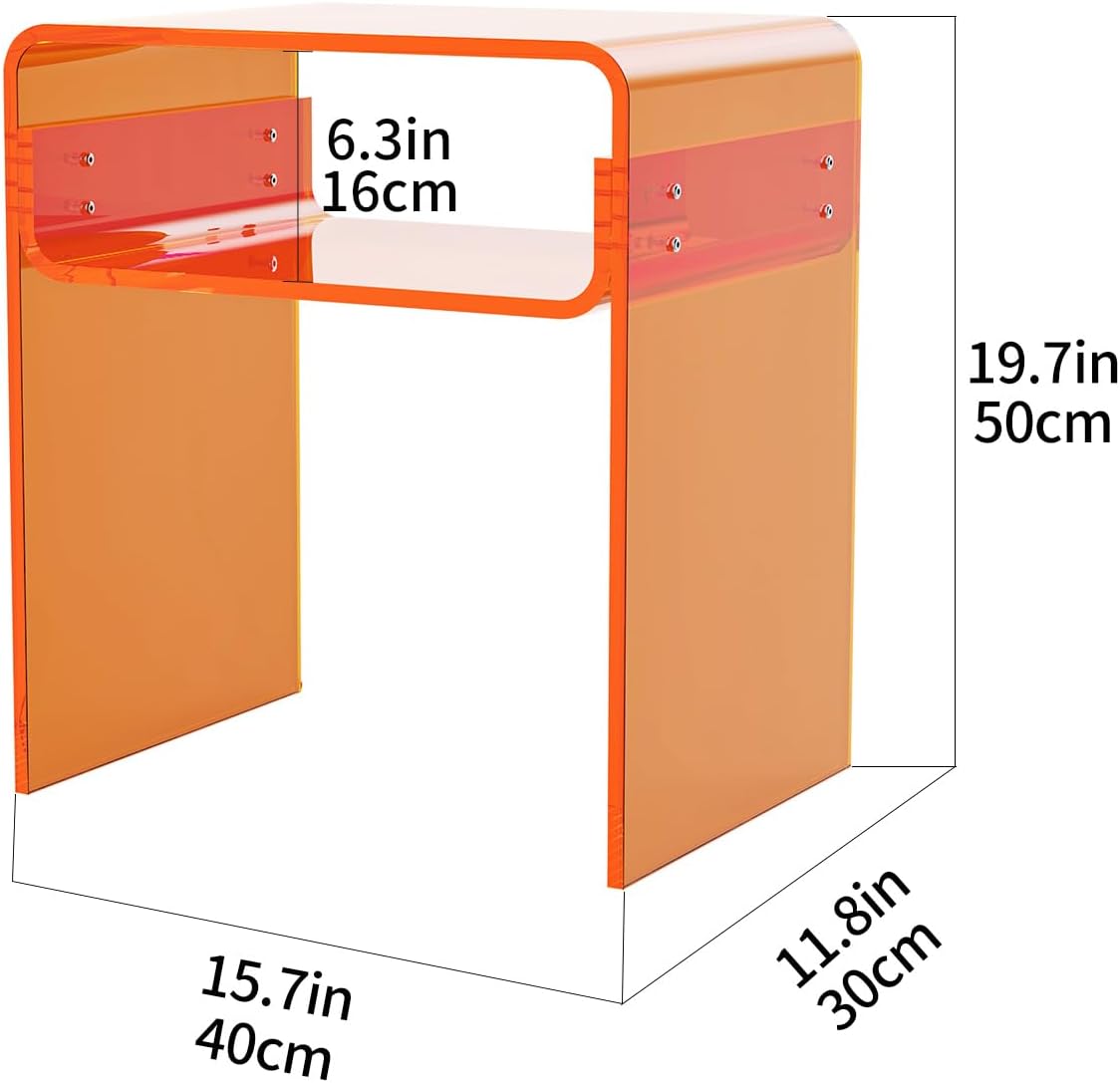 Clear Acrylic End Table 2-Tier Bedside nightstand for Living Room Bedroom Home Decor (Orange)