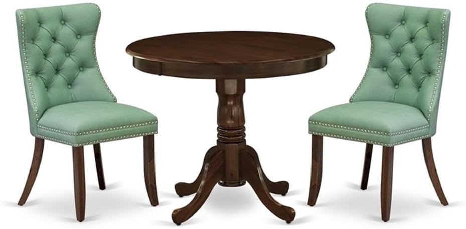 East West Furniture ANDA3-AWA-22 3 Piece Kitchen Table & Chairs Set Includes a Round Dining Table with Pedestal and 2 Polyester Fabric Upholstered Chairs, 36x36 Inch, Antique Walnut