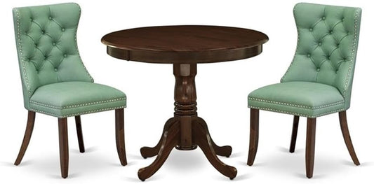 East West Furniture ANDA3-AWA-22 3 Piece Kitchen Table & Chairs Set Includes a Round Dining Table with Pedestal and 2 Polyester Fabric Upholstered Chairs, 36x36 Inch, Antique Walnut