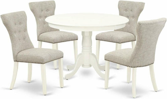 East West Furniture HLGA5-LWH-35 5 Piece Dining Table Set Includes a Round Dining Room Table with Pedestal and 4 Doeskin Linen Fabric Parsons Chairs, 42x42 Inch, Linen White