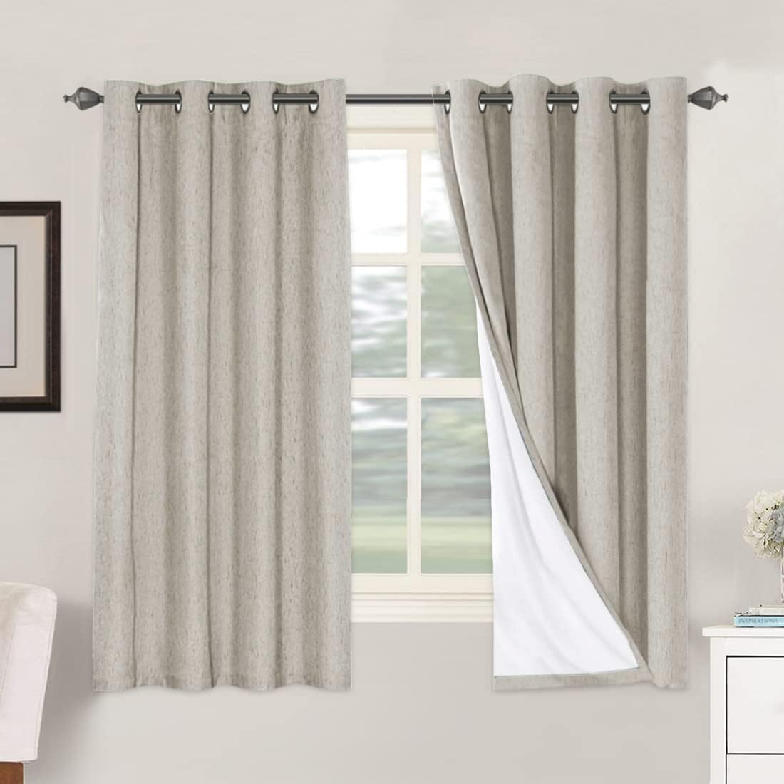 H.VERSAILTEX Linen Blackout Curtains 63 Inches Long 100% Absolutely Blackout Thermal Insulated Textured Linen Look Curtain Draperies Anti-Rust Grommet, Energy Saving with White Liner, 2 Panels, Stone