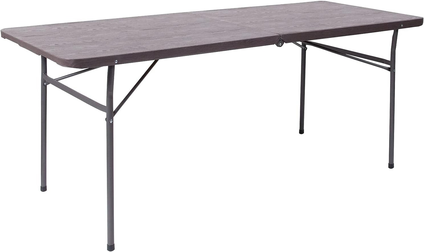 Flash Furniture Elijah 6-Foot Bi-Fold Brown Wood Grain Plastic Folding Table with Carrying Handle