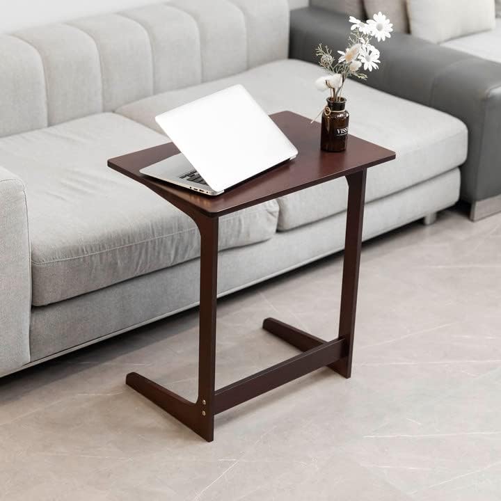Forevich Tv Tray Table Bamboo Wood Laptop End Side Table for Sofa Couch Bed C Shaped Brown