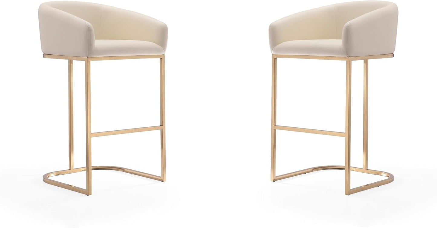 Manhattan Comfort Louvre 30 Inch Mid Century Modern Counter Height Bar Stools - Elegant Faux Leather Padded Seat, Stainless Steel Base with Footrest, Fully Assembled Barstools, Set of 2, Cream