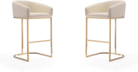 Manhattan Comfort Louvre 30 Inch Mid Century Modern Counter Height Bar Stools - Elegant Faux Leather Padded Seat, Stainless Steel Base with Footrest, Fully Assembled Barstools, Set of 2, Cream