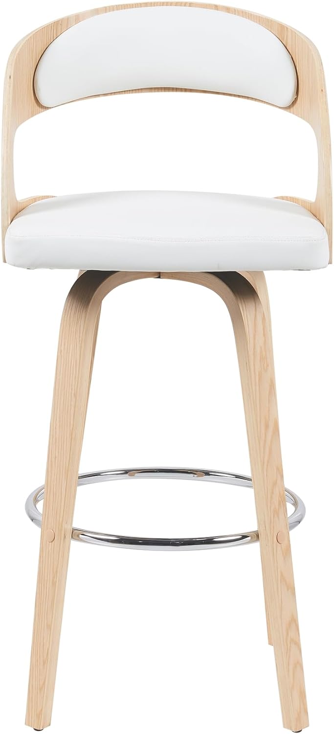 Shelly Modern Bar Height Swivel Stool in Patterned Oak Finish with White Faux Leather Upholstered Seat Set of 4