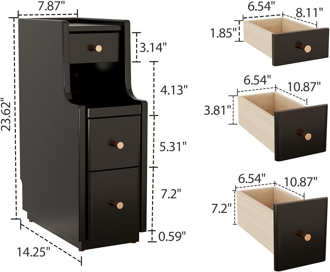 Narrow Nightstand with 3 Drawers,Solid Wood Narrow Bedside Tables, Small Bedside Tables,Modern Slim Small Nightstand for Bedroom(Black)