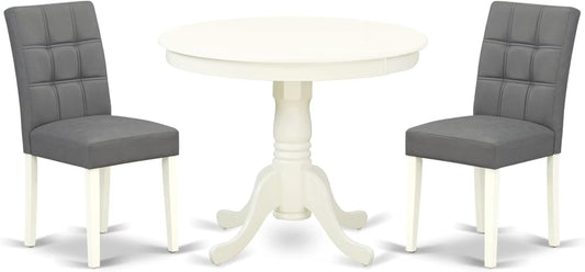 East West Furniture ANAS3-LWH-41 3 Piece Kitchen Table Set consists A Wooden Table and 2 Platinum Gray Polyester Fabric Person Chairs with Stylish Back- Linen White Finish