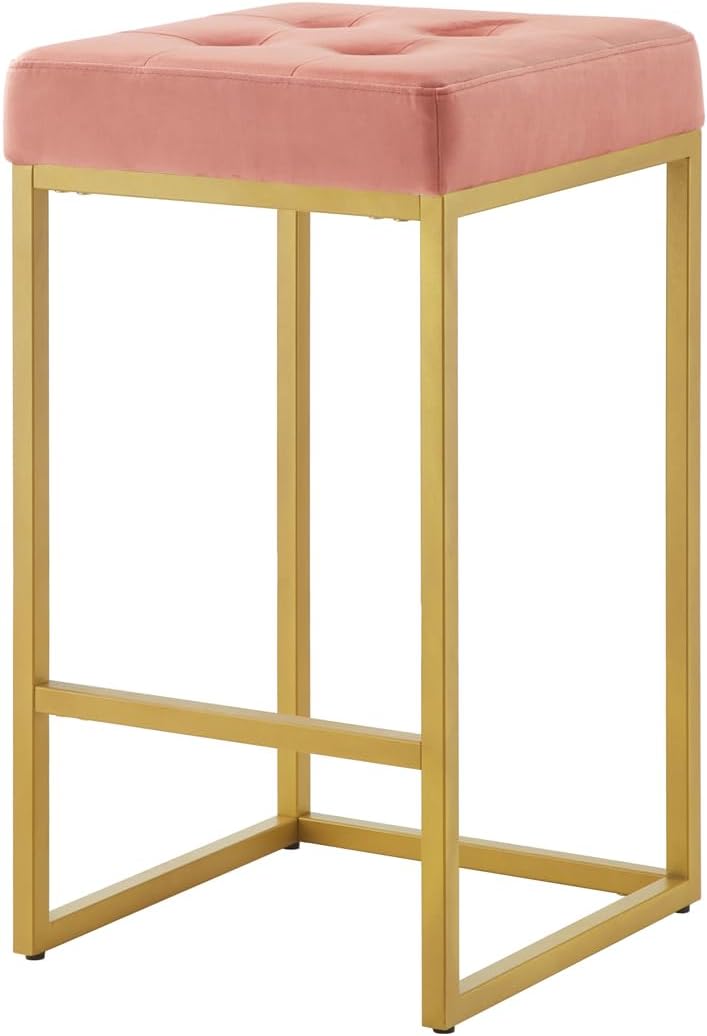 24KF Contemporary Counter Height Bar Stool Set of 2 for Kitchen Island, 26" H Velvet Padded Gold Barstool Bar Chair,5066-Blush