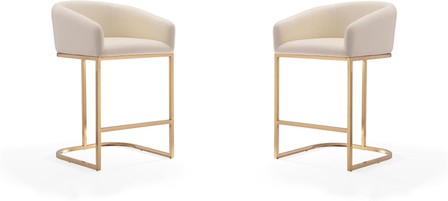 Manhattan Comfort Louvre 26 Inch Mid Century Modern Counter Height Bar Stools - Elegant Faux Leather Padded Seat, Stainless Steel Base with Footrest, Fully Assembled Barstools, Set of 2, Cream