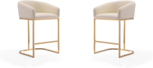 Manhattan Comfort Louvre 26 Inch Mid Century Modern Counter Height Bar Stools - Elegant Faux Leather Padded Seat, Stainless Steel Base with Footrest, Fully Assembled Barstools, Set of 2, Cream