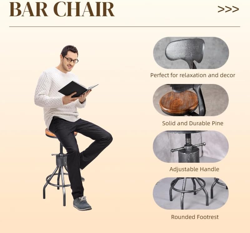 LOKKHAN Set of 2 Rustic Industrial Bar Stool-24-30 Adjustable Metal Swivel Wooden Top Barstools-Counter Height Extra Tall Bar Height-Vintage Farmhouse Kitchen Breakfast Cafe Stool-with Backrest